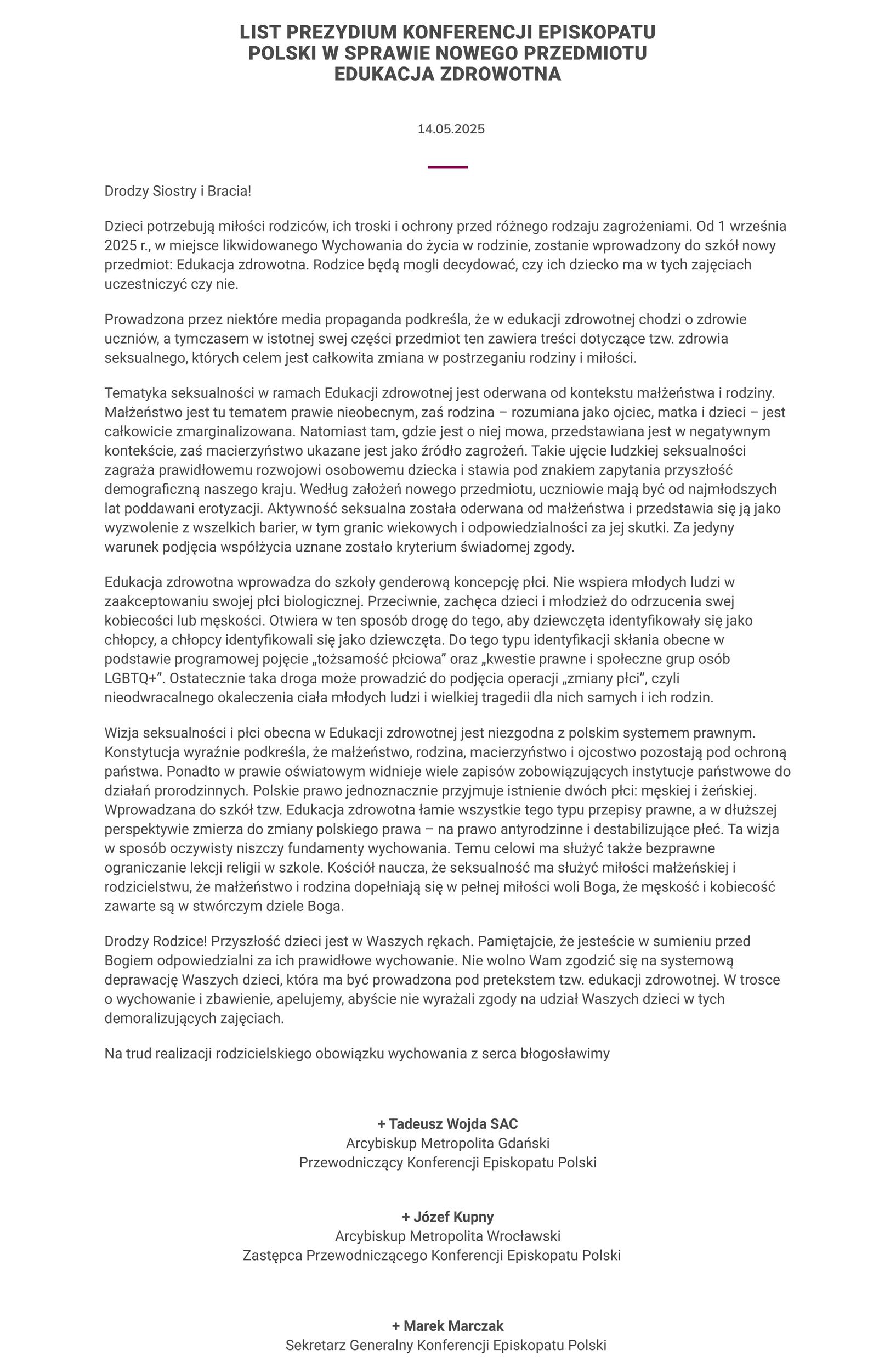 List Prezydium Konferencji Episkopatu Polski w sprawie nowego.._ (Copy)